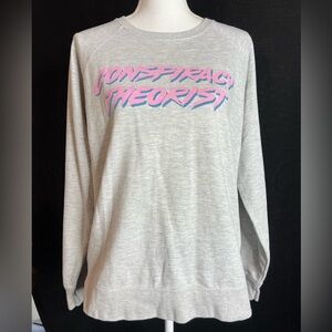 Light Gray Sweatshirt with Pink & Blue 'Conspiracy Theorist' Graphic